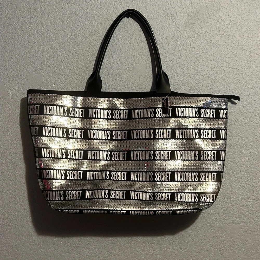 Victoria's Secret Black and Silver Striped Tote